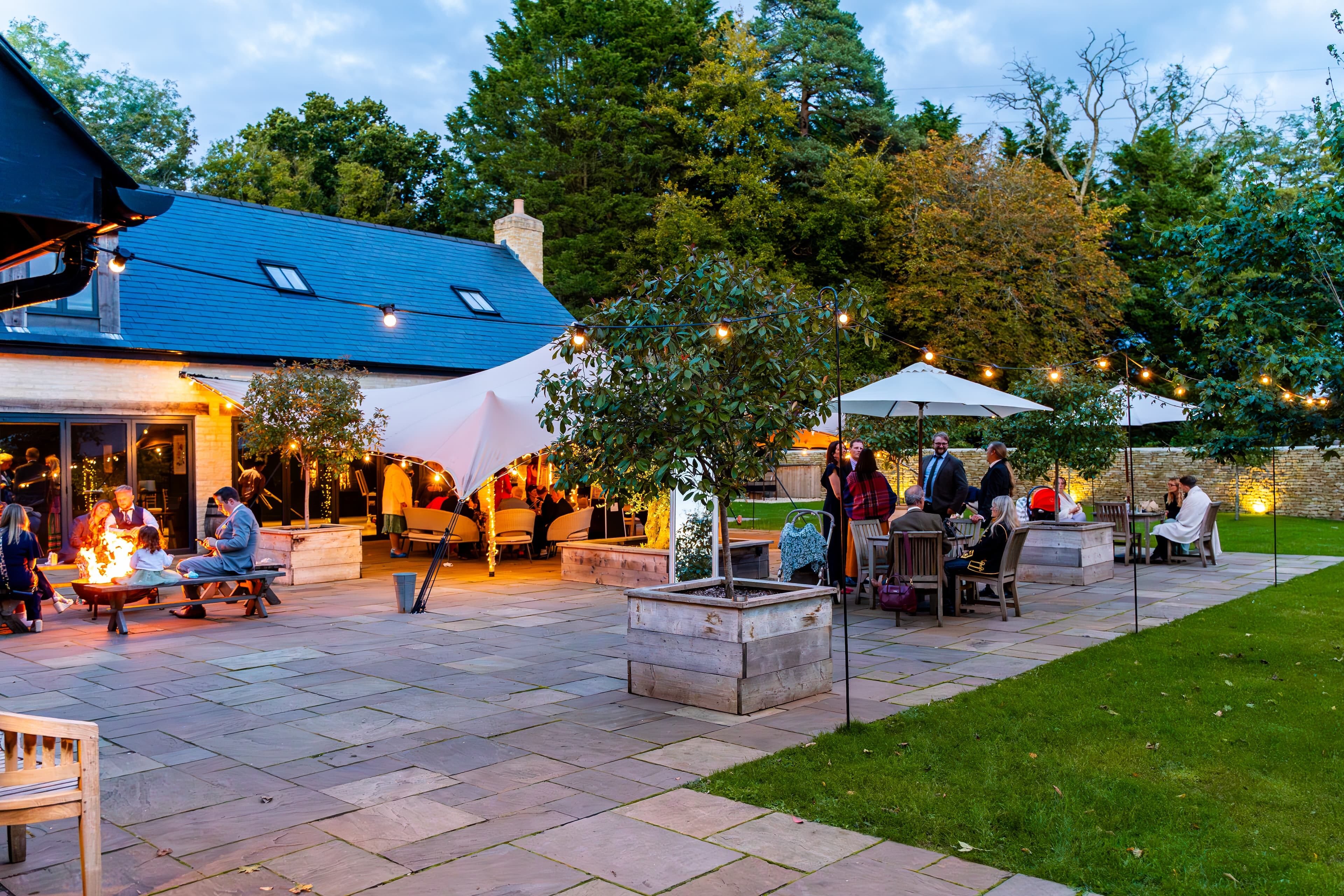 courtyard in evening with fire pit