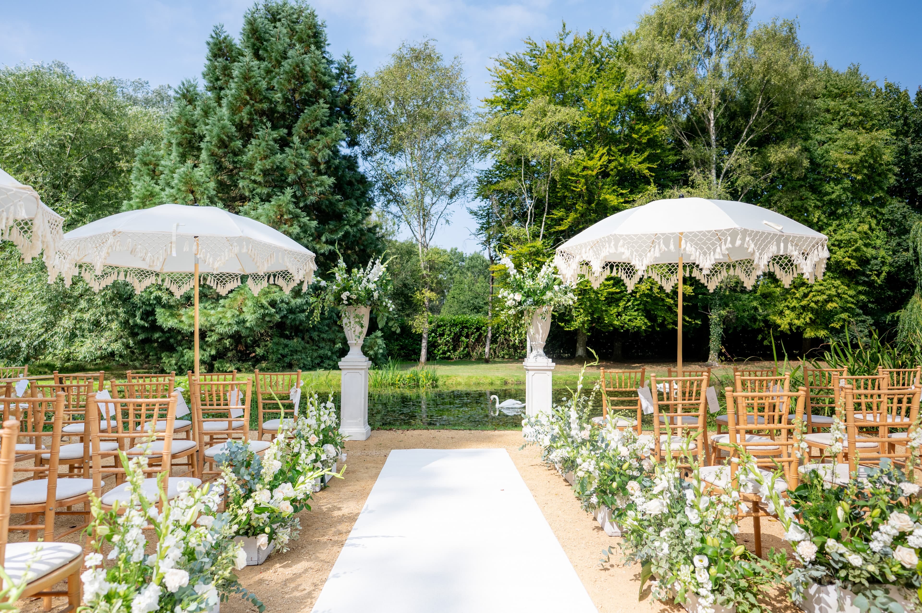 lakeside wedding with swans